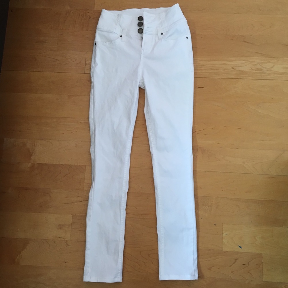 White High Waisted Button Skinny Jeans